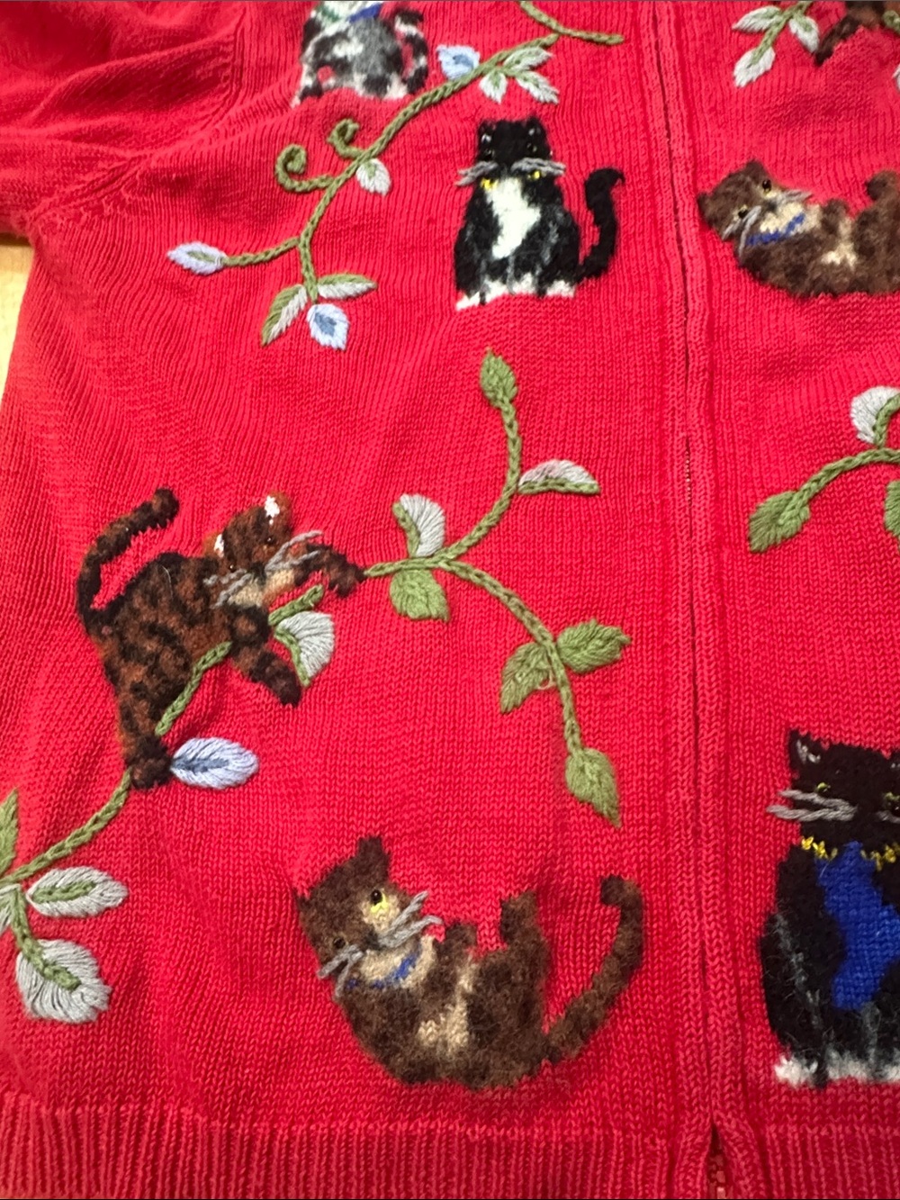 Vintage Rainbow Bright Red Knit cardigan with Cat Felting and Embroidered - Picture 7 of 7